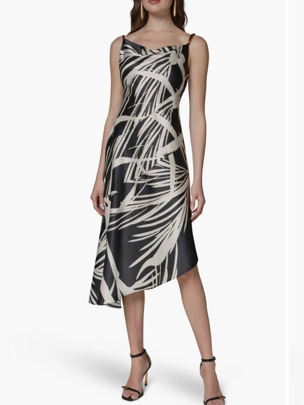Donna Karan NWT 16 Black and Cream Crowl Asymmetrical Abstract Print Dress